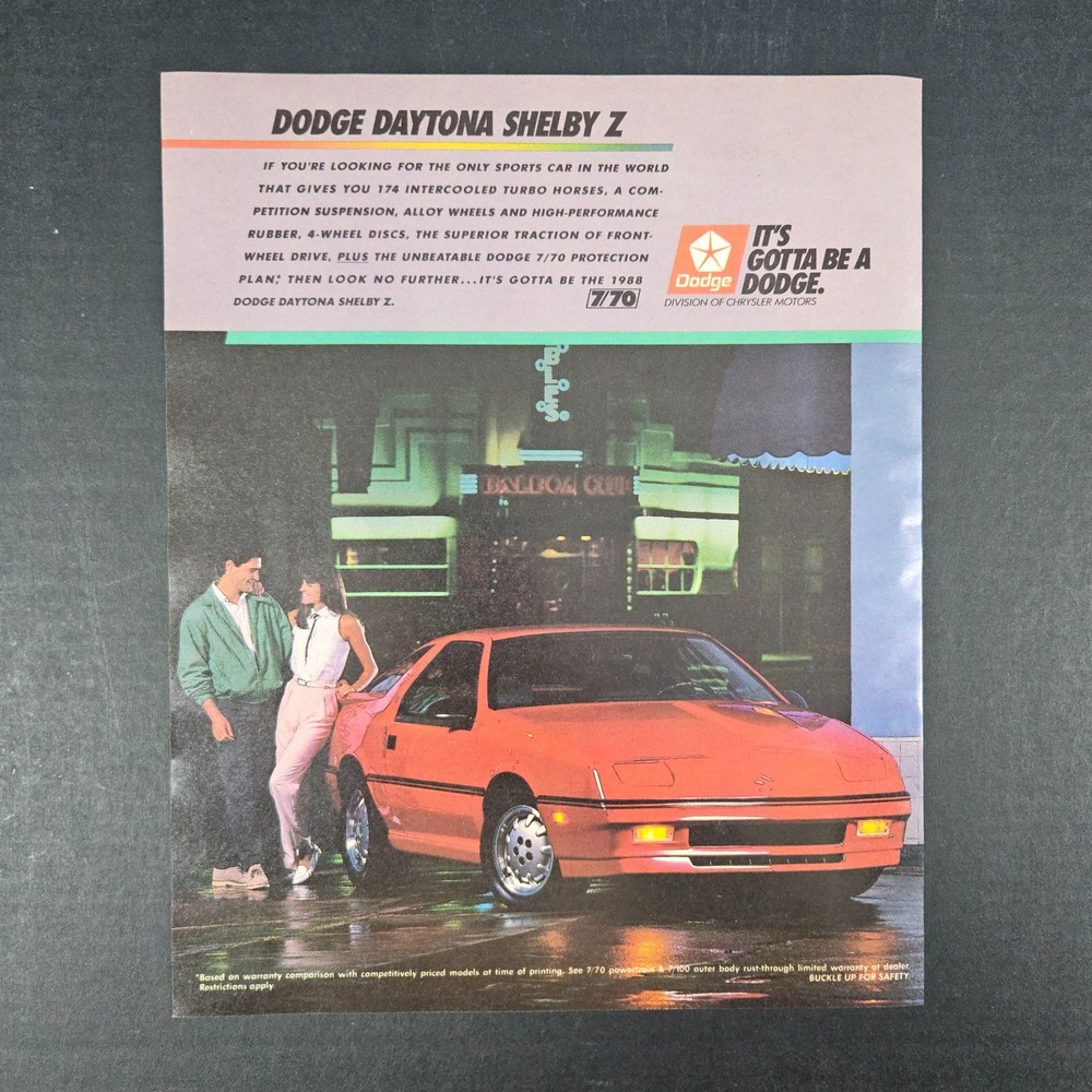 1987 Dodge Daytona Shelby Z Sports Car Vintage‎ Print Ad Couple On Date Garage